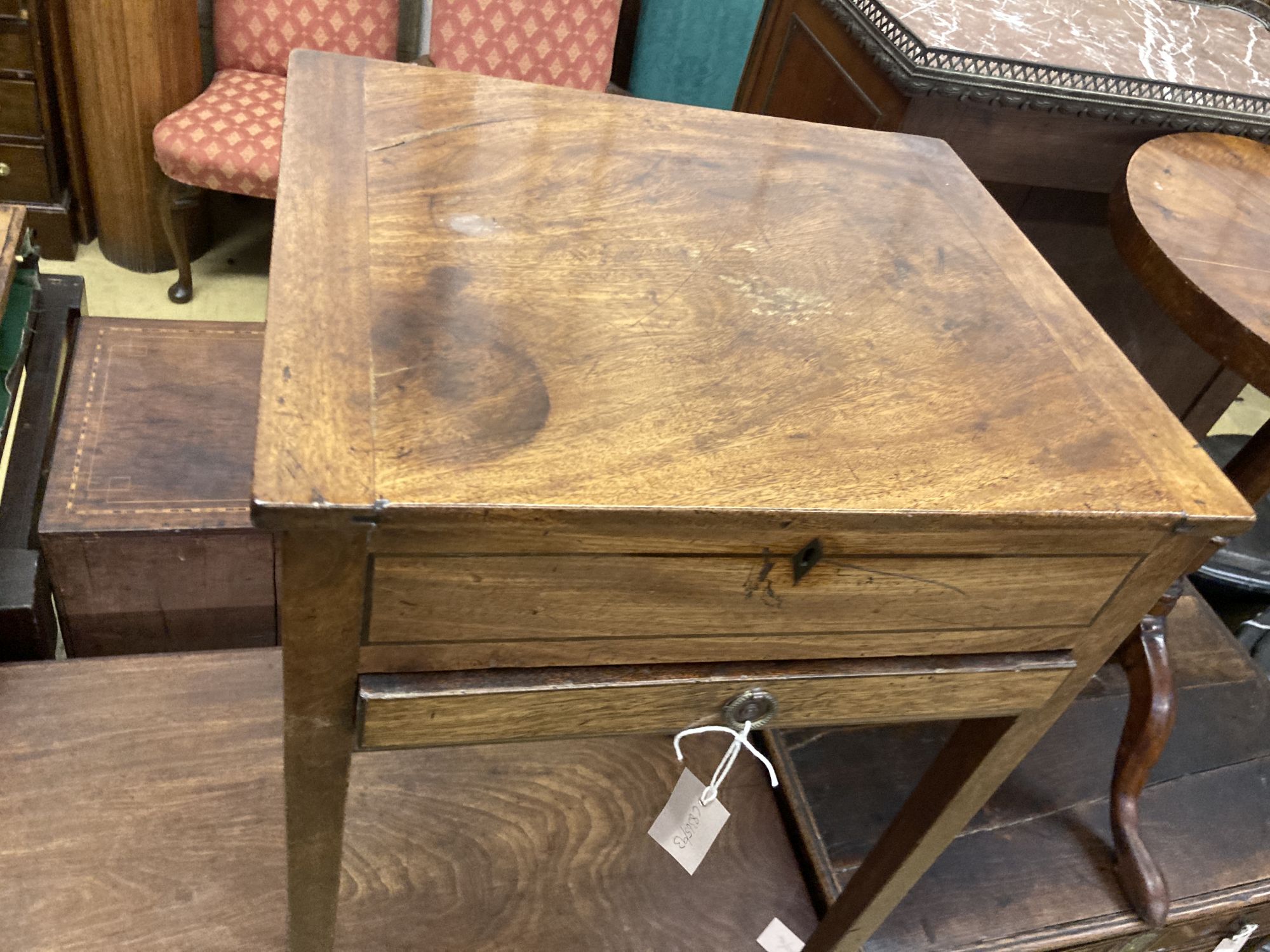 A George III mahogany work table, width 46cm, depth 39cm, height 74cm